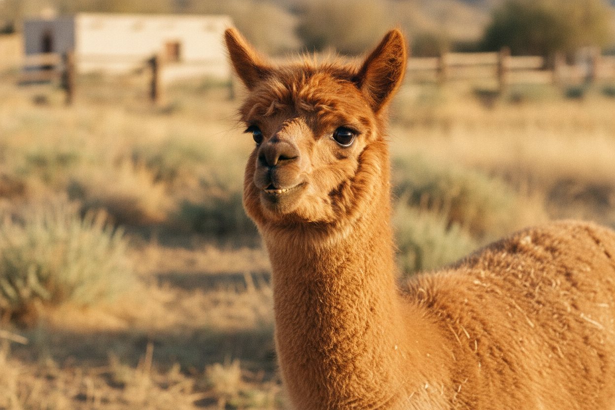 A portrait of Biscuit, a fluffy alpaca.