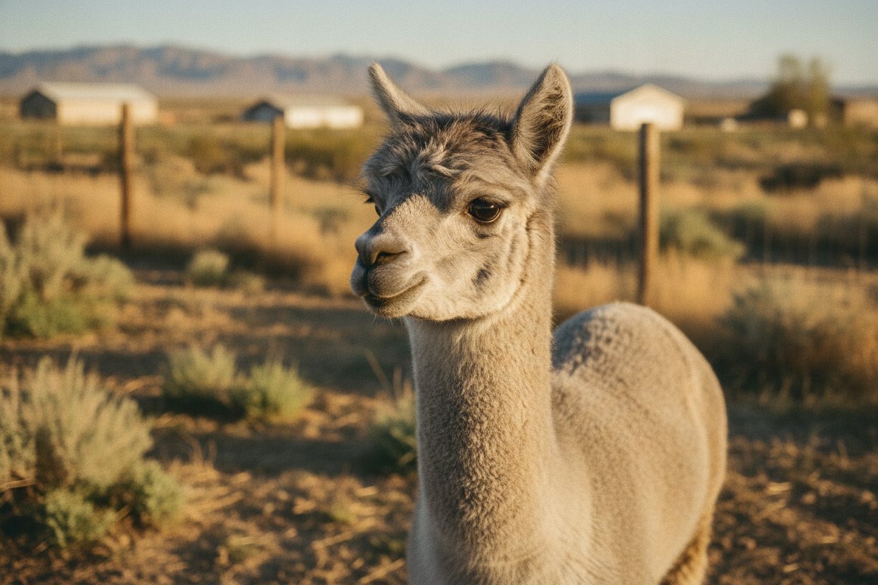 A portrait of Comet, a fluffy alpaca.