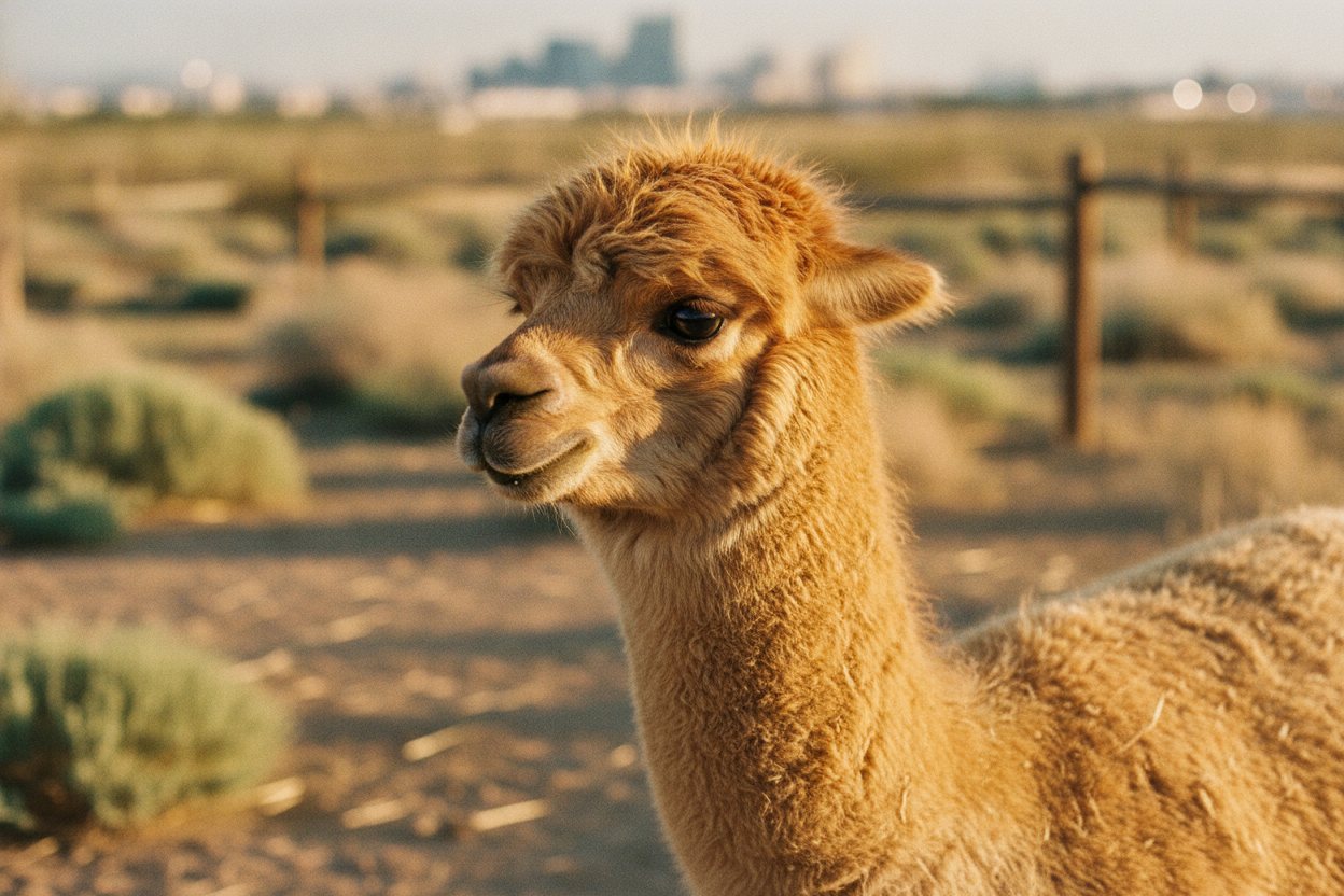A portrait of Daisy, a fluffy alpaca.