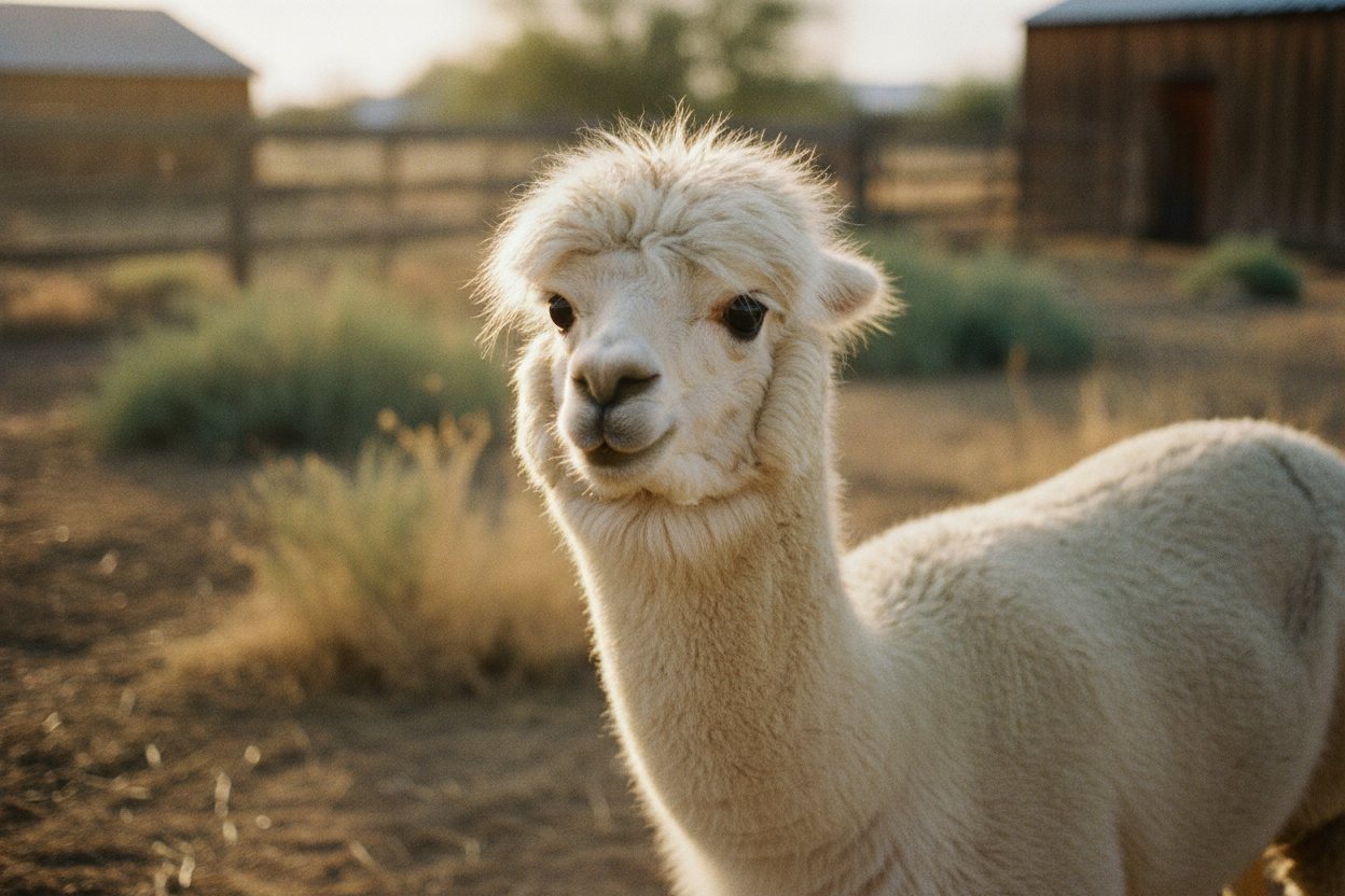A portrait of Marshmallow, a fluffy alpaca.