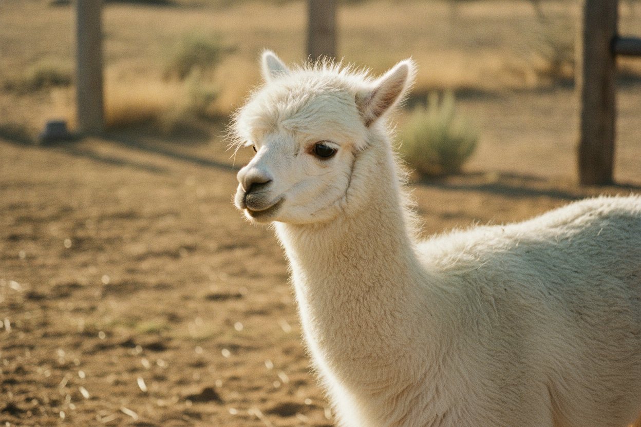 A portrait of Nimbus, a fluffy alpaca.