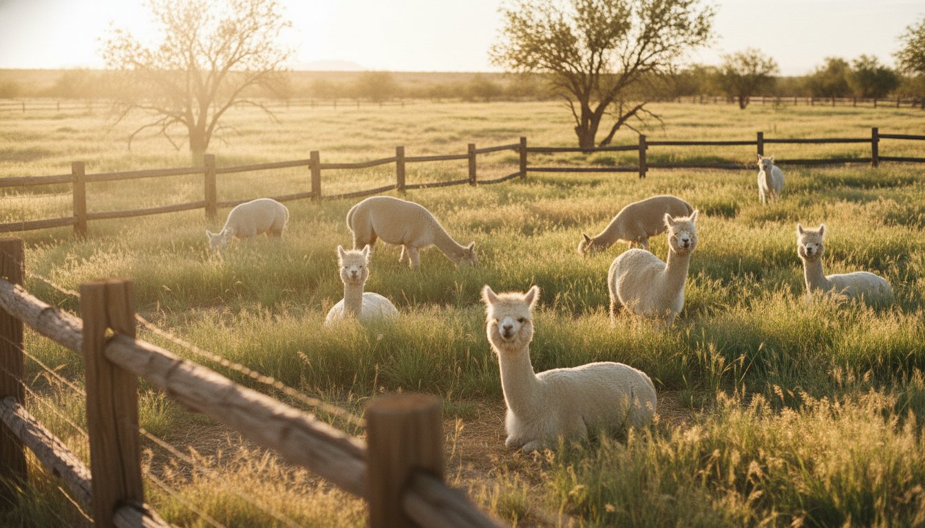 A small herd of alpacas grazing in a desert-edge pasture at golden hour.