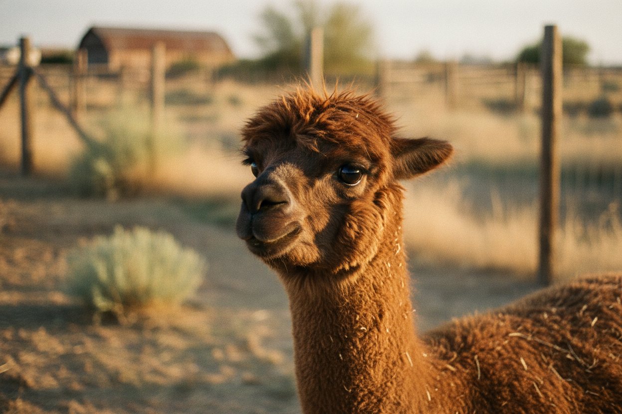 A portrait of Pepper, a fluffy alpaca.