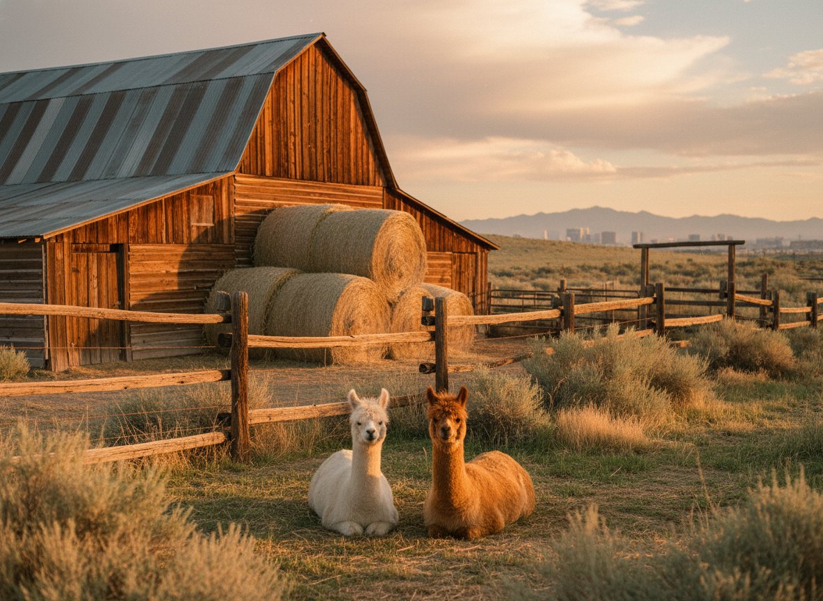 A rustic ranch barn glowing in warm golden-hour light at the edge of the desert.